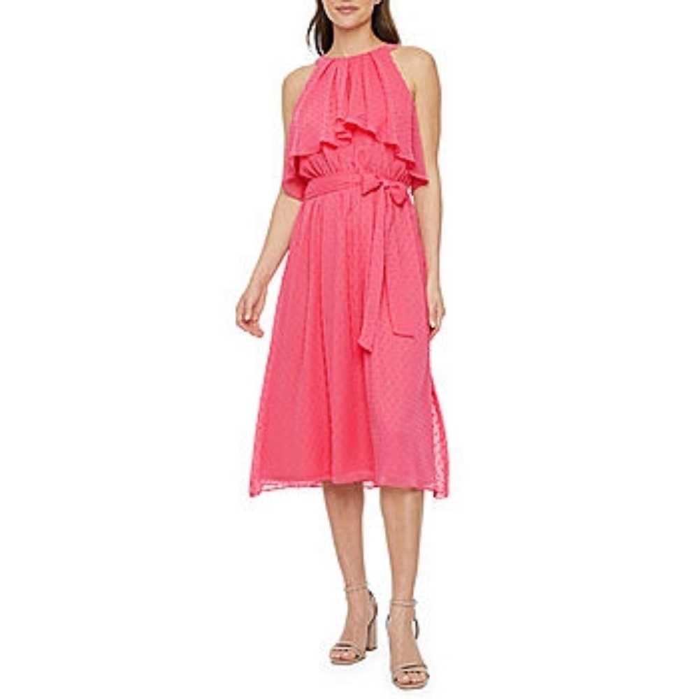 Maia Halter Swiss Dot Sleeveless Midi Dress A-line Elastic Waist, Coral- sz 8